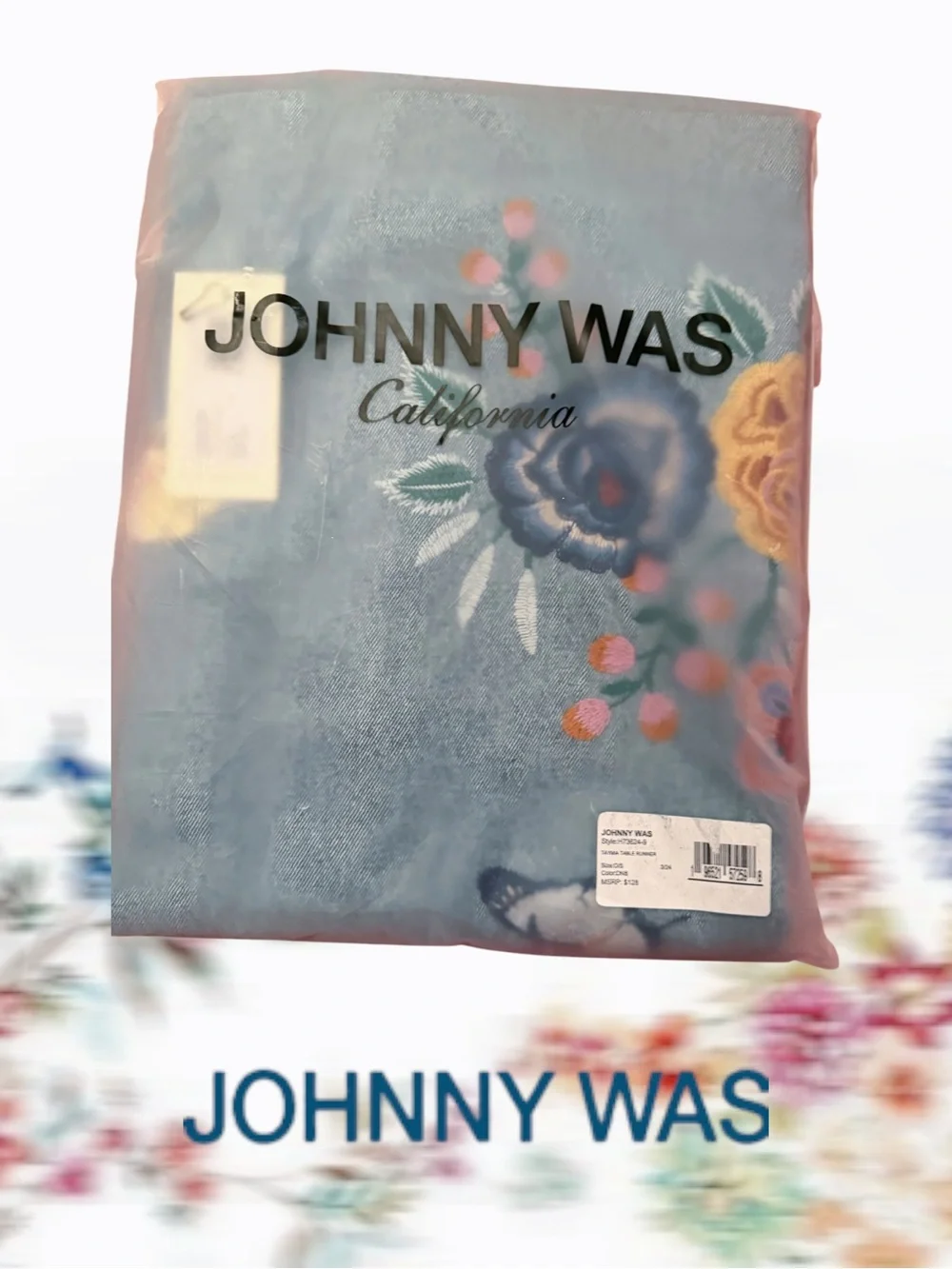NWT Johnny Was Taymia Embroidered Table Runner Denim Blue 108